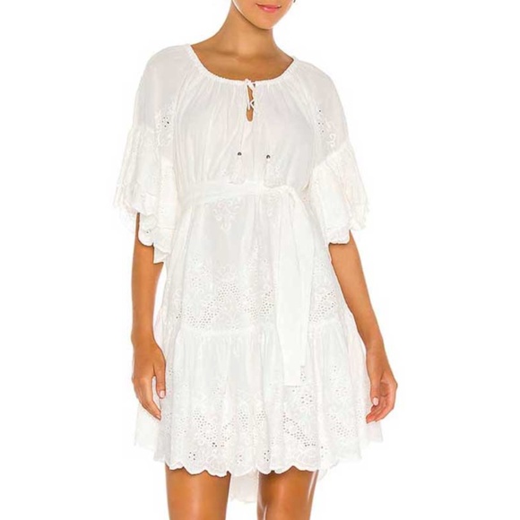 Boho white ruffle tier neck tie belted mini dress - Picture 6 of 6